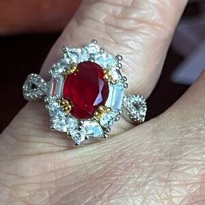 Gorgeous Silver Ruby & White Moissanite Ring Sz 6-9 adj (certs)